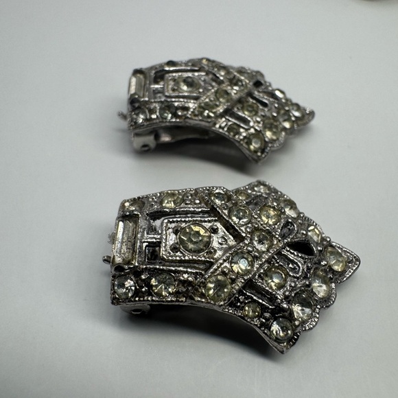 Antique Art Deco Double Dress Clip Clear Rhinestone Brooch - Picture 7 of 15